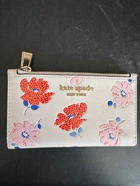 kate spade Cream Floral Zip Card Pouch with Red & Pink Blooms